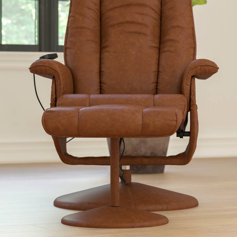 Massaging Multi-Position Recliner &Ottoman w/Wrapped Base in LeatherSoft