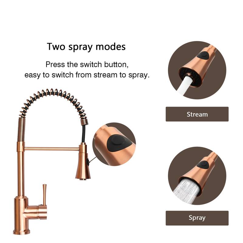 Copper Pre-Rinse Spring Kitchen Faucet, Single Level Solid Brass Kitchen Sink Faucets with Pull Down Sprayer - 8.9x20.9"