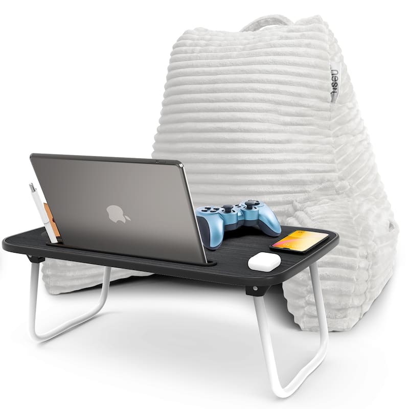 Nestl Cut Plush Reading Pillow with Portable Lap Desk Stand for Laptop - Shredded Memory Foam Back Support Bed Rest Pillow - Medium - White