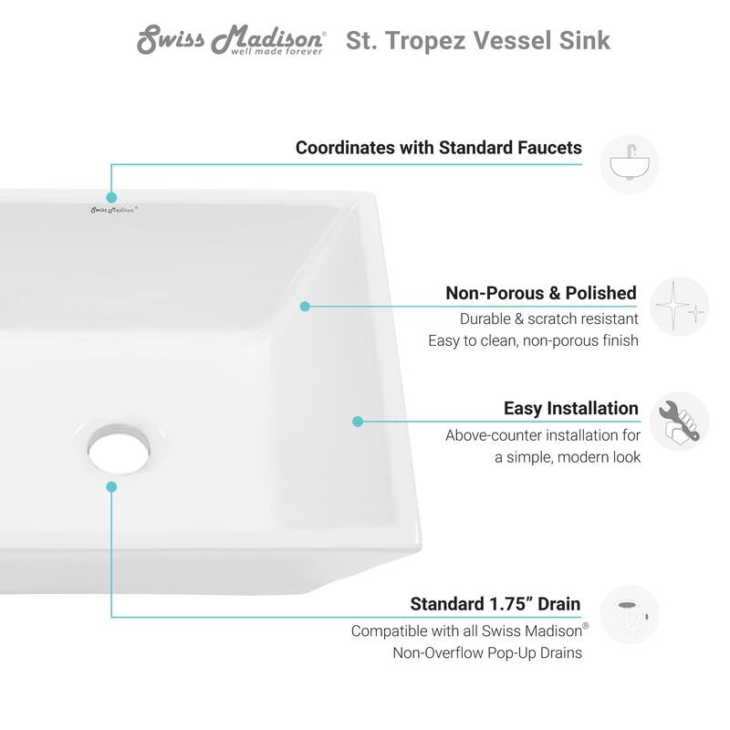 Swiss Madison St. Tropez Square Ceramic Bathroom Vessel Sink