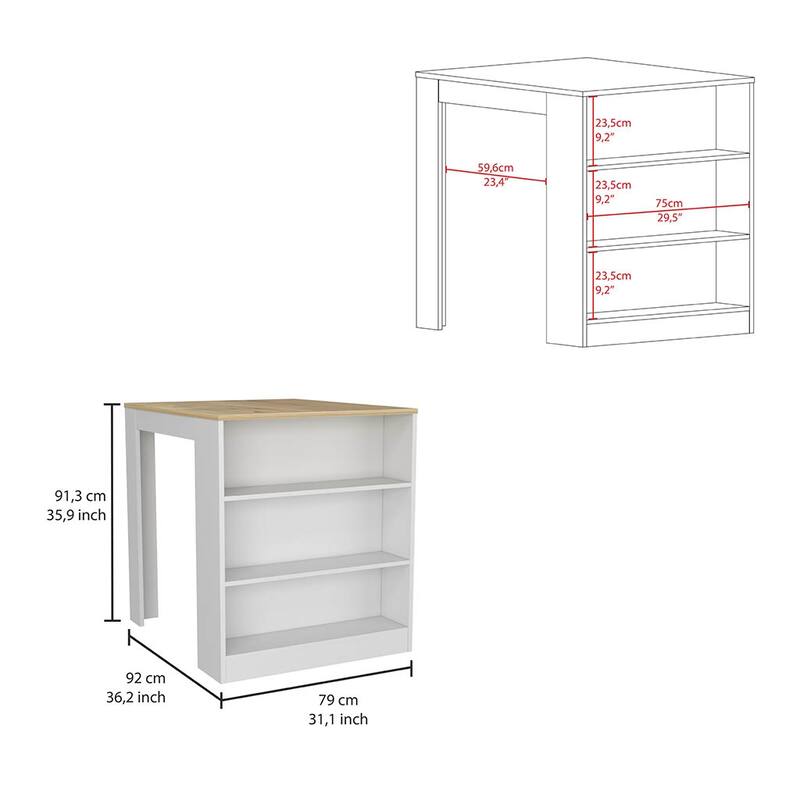 Tanna Kitchen Counter Dining Table ,Two Legs, Three Side Shelves -White / Light Oak
