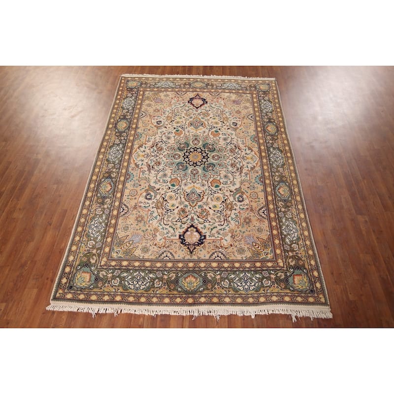 Hand Knotted Oriental 100% Wool Carpet Traditional Floral Beige & Ivories Tabriz Area Rug - 9' 2'' X 6' 3''