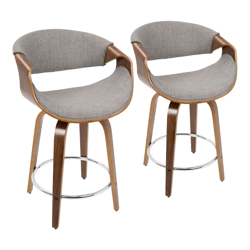 Carson Carrington Sauda 24" Fixed-Height Counter Stools with Bent Wood Legs & Round Footrest (Set of 2) - Light Grey Fabric/Walnut Wood/Chrome Metal