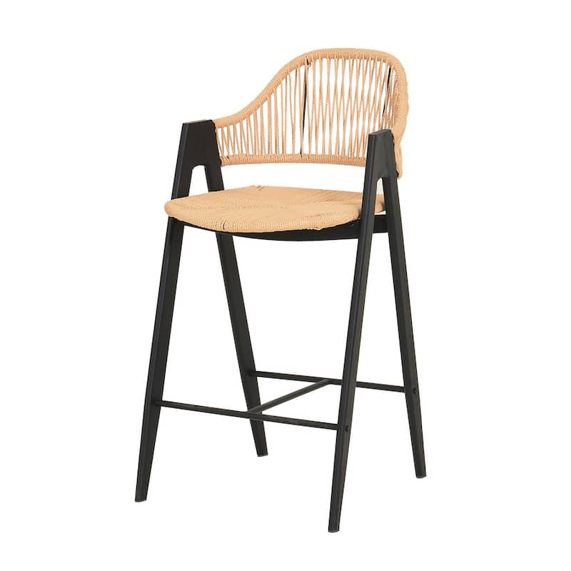 26 Inch Counter Stool Chair Set of 2, Woven Back, Iron Frame, Rattan, Beige