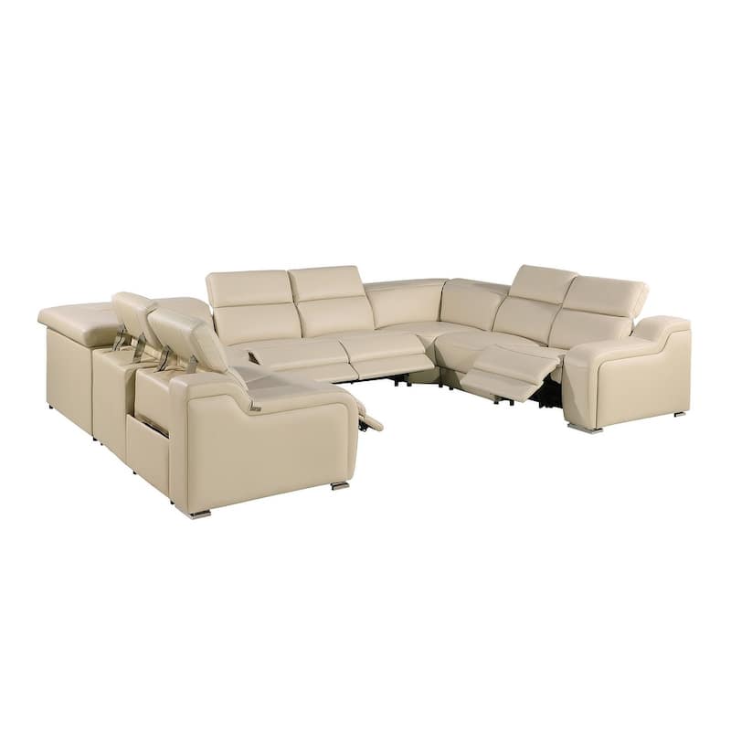 HomeRoots Beige Italian Leather Power Reclining U Shaped Eight Piece Corner Sectional With Console