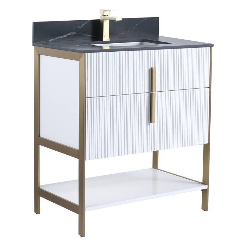 Fine Fixtures Serenity Modern Bathroom Vanity with Black Sintered Stone Top - White Matte - Brass Hardware - 30 inch