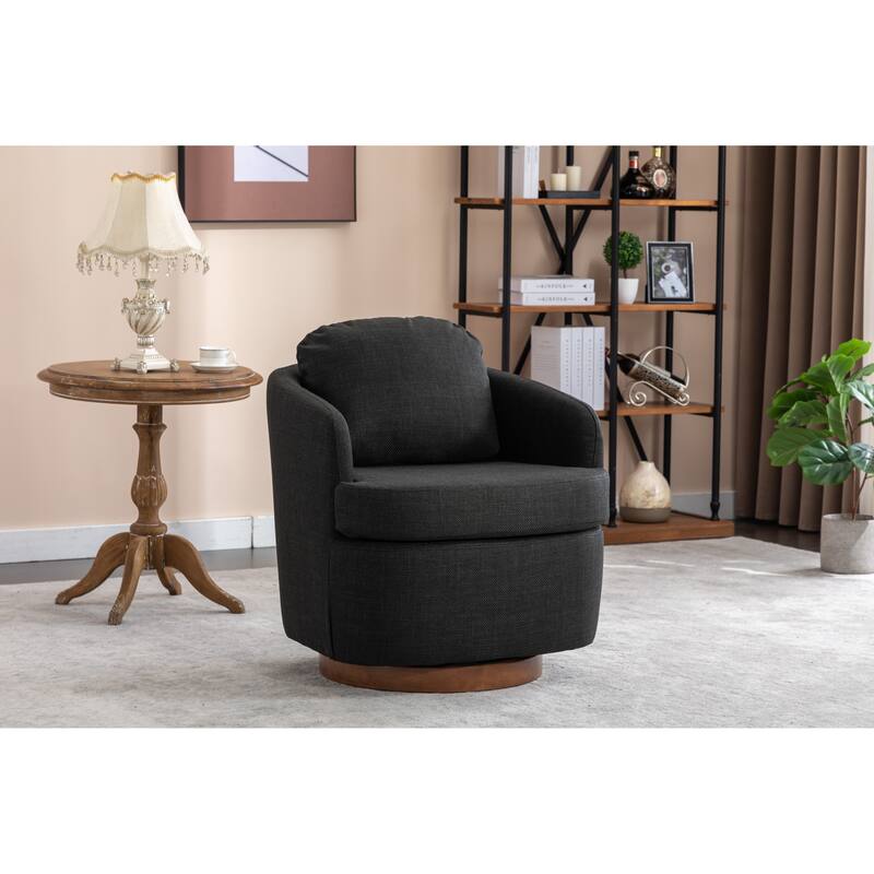 Linen Fabric Swivel Accent Chair With Soild Wood Round Brown Base Leg