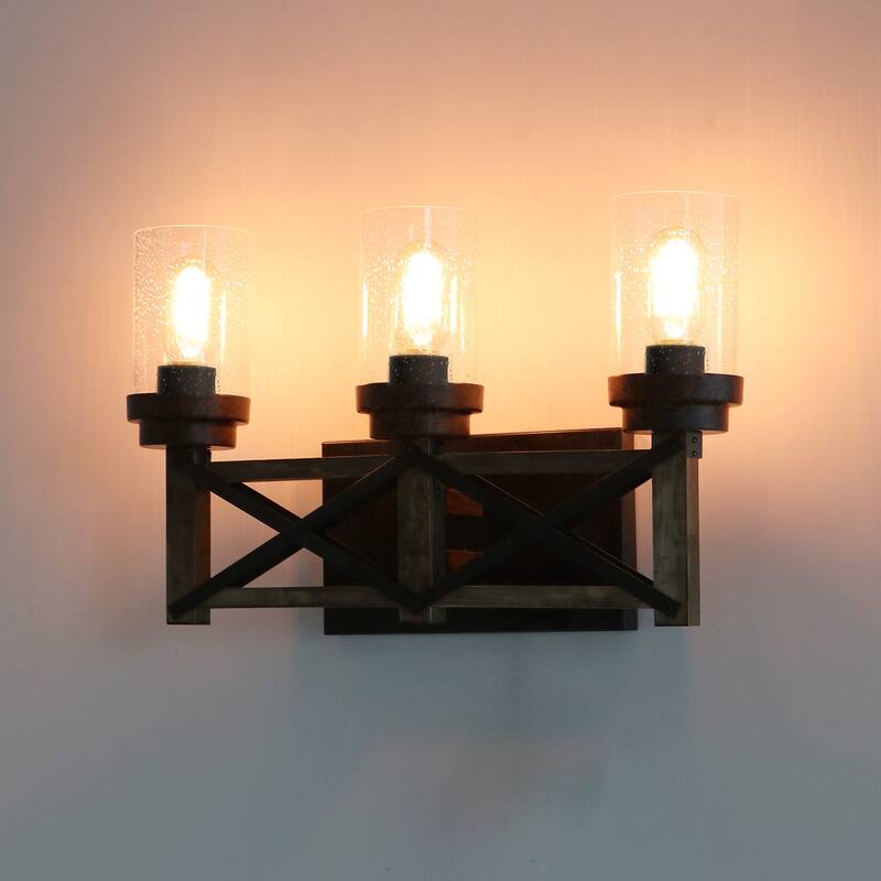 Farmhouse 3-Light Distressed Wood Bathroom Vanity Light Linear Wall Sconces with Cylinder Glass - 18.9" L x 6.3" W x 11.8" H