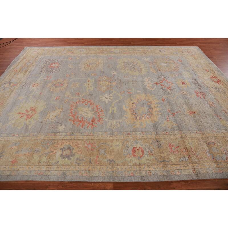 Hand Knotted Oriental 100% Wool Carpet Transitional All-Over Greys & Charcoal Oushak Area Rug - 11' 10'' X 8' 11''
