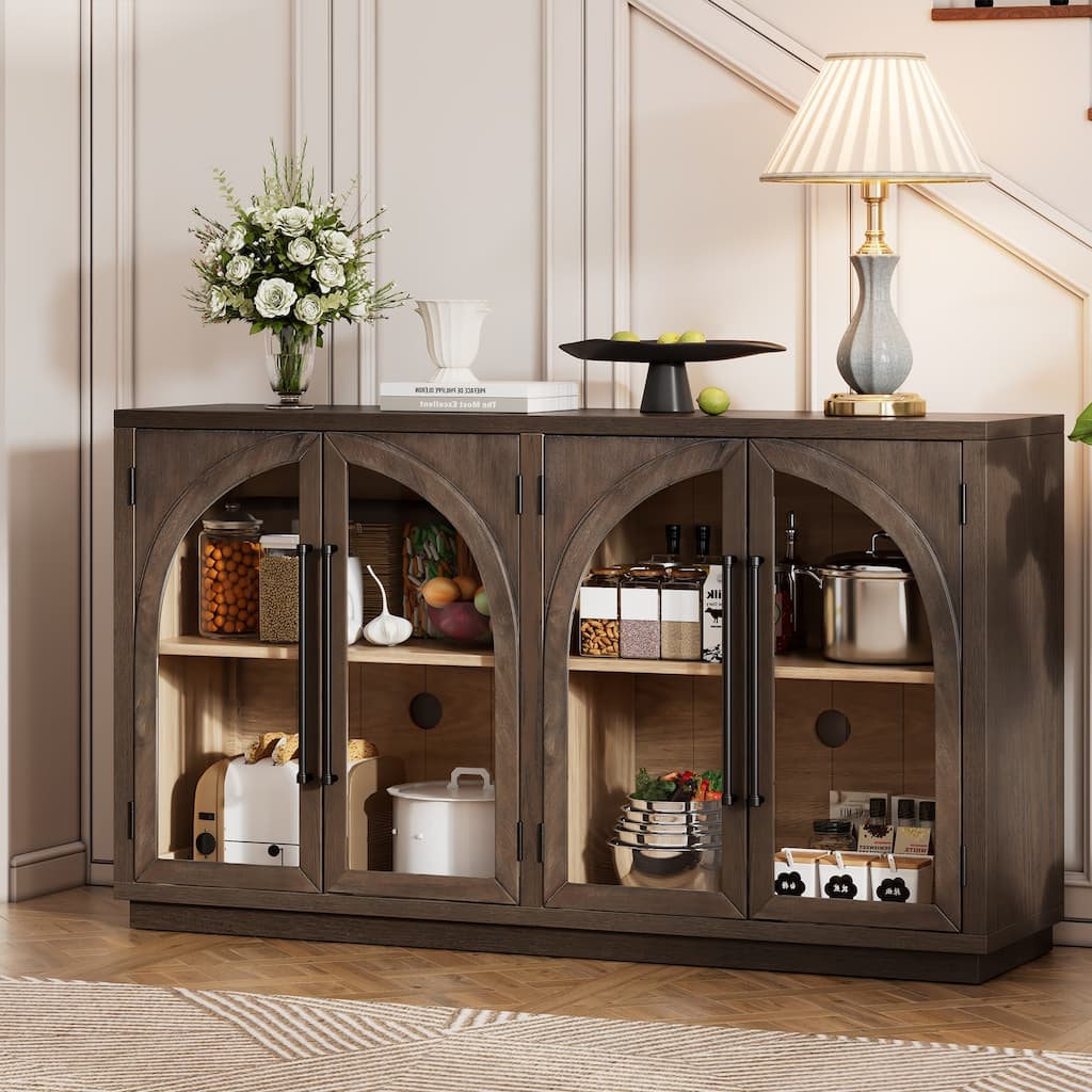 4-Door Large Storage Sideboard Buffet Cabinet with Glass Doors, Arched Cabinet with Adjustable Shelves for Kitchen, Dining Room