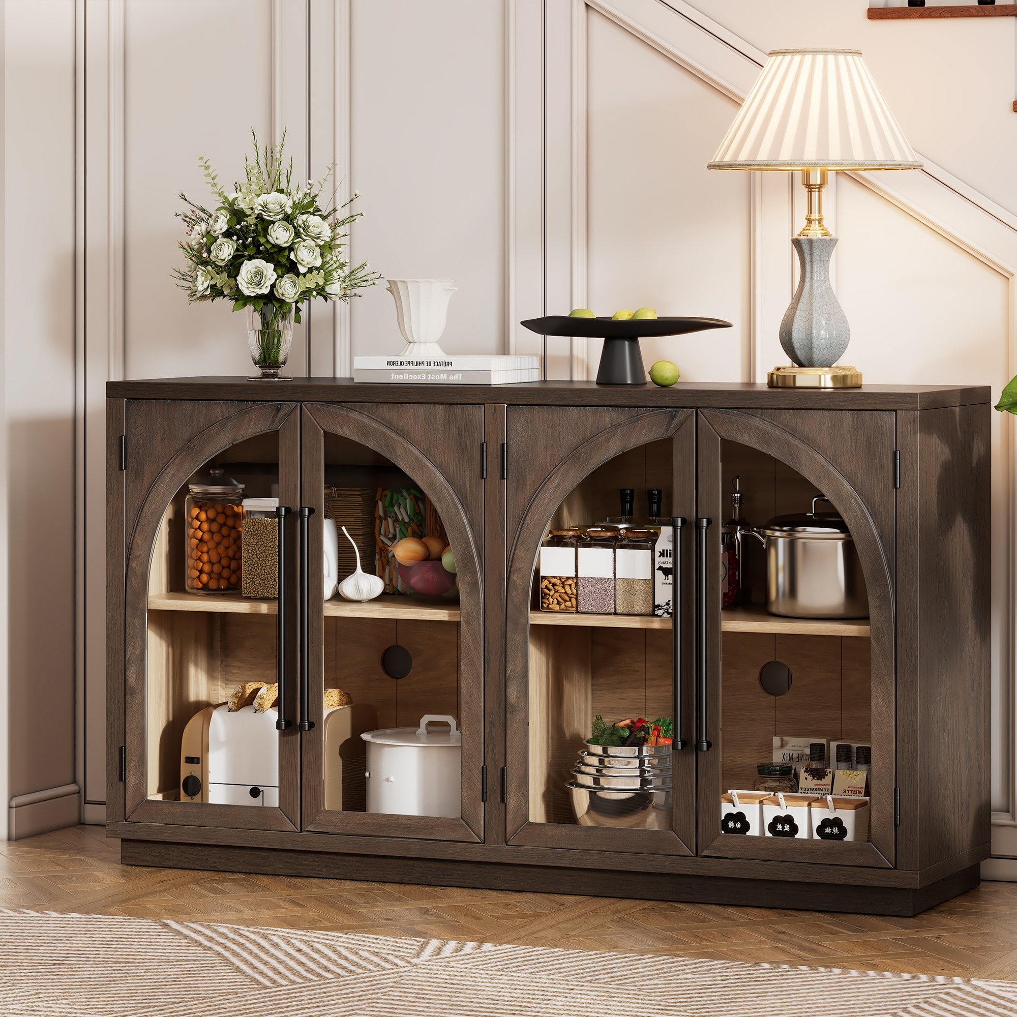 4-Door Large Storage Sideboard Buffet Cabinet with Glass Doors, Arched Cabinet with Adjustable Shelves for Kitchen