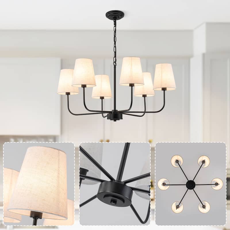 6-Light Metal Chandelier with White Linen Shades