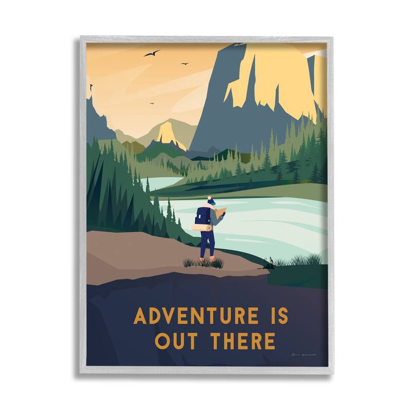 Stupell Adventure Quote Mountain Canyon Hiking Person Illustration Framed Wall Art - Yellow - 16 x 20 - Grey