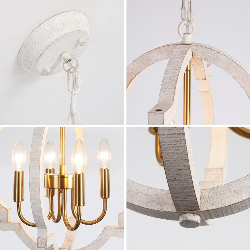 4-Light W16.34" x H78.74" Wooden Lantern Rustic Chandeliers for Dining Room