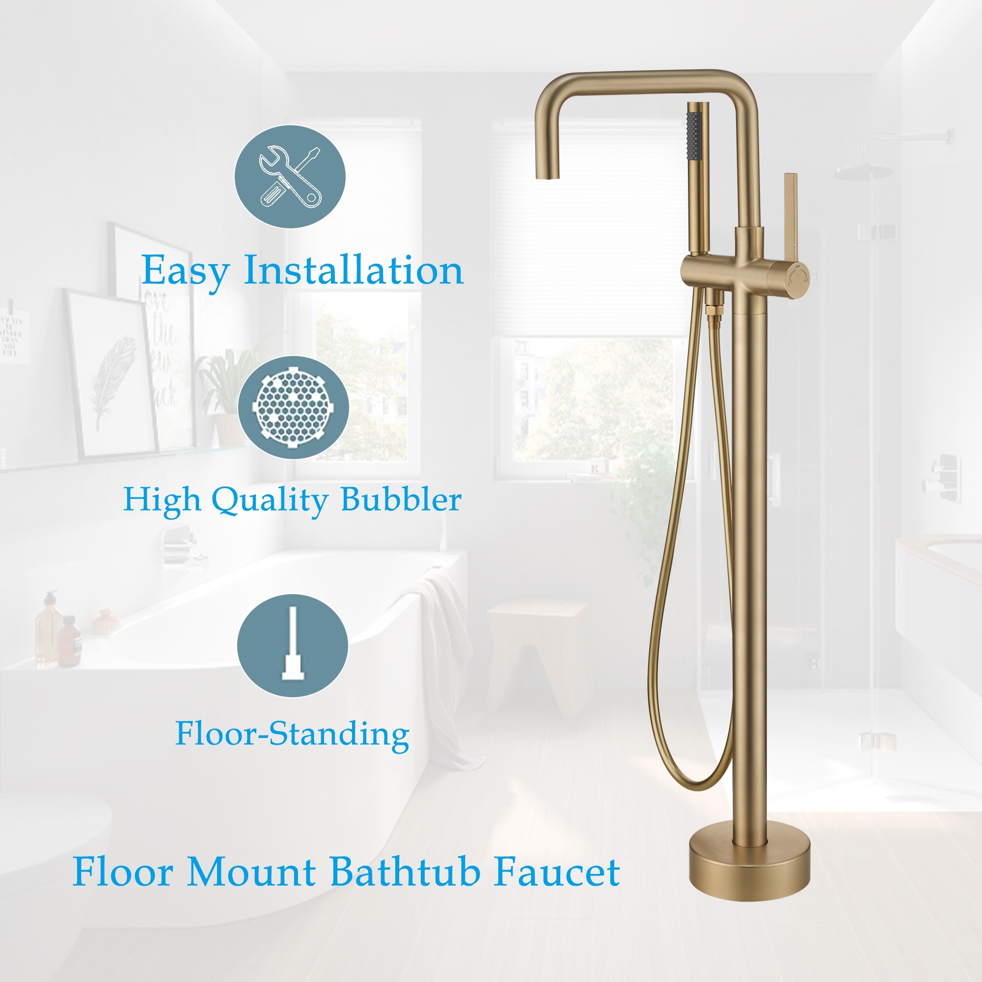 Modland Floor Mounted 41''H Freestanding Claw Foot Tub Filler with Hand Shower, Bathtub Faucet in Luxury Gold