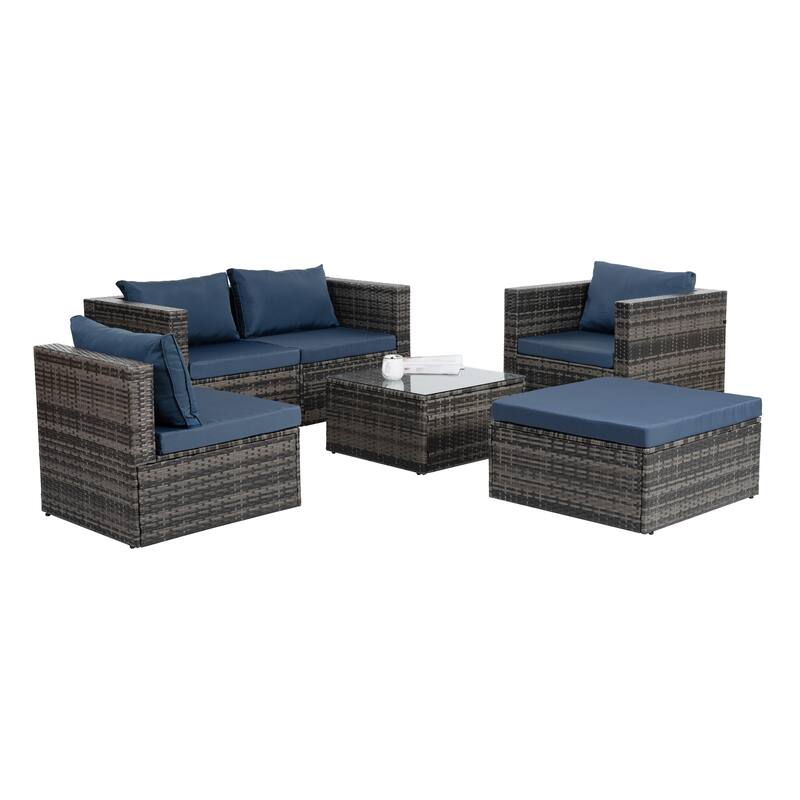 6-Piece Wicker Patio Conversation Set with Dark Blue Cushions