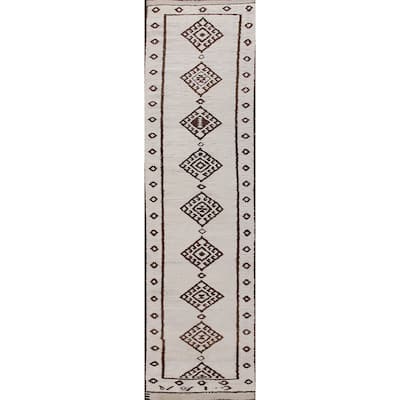 Geometric Beige Anatolian Turkish Runner Rug Handmade Wool Carpet - 2'8"x 12'11"