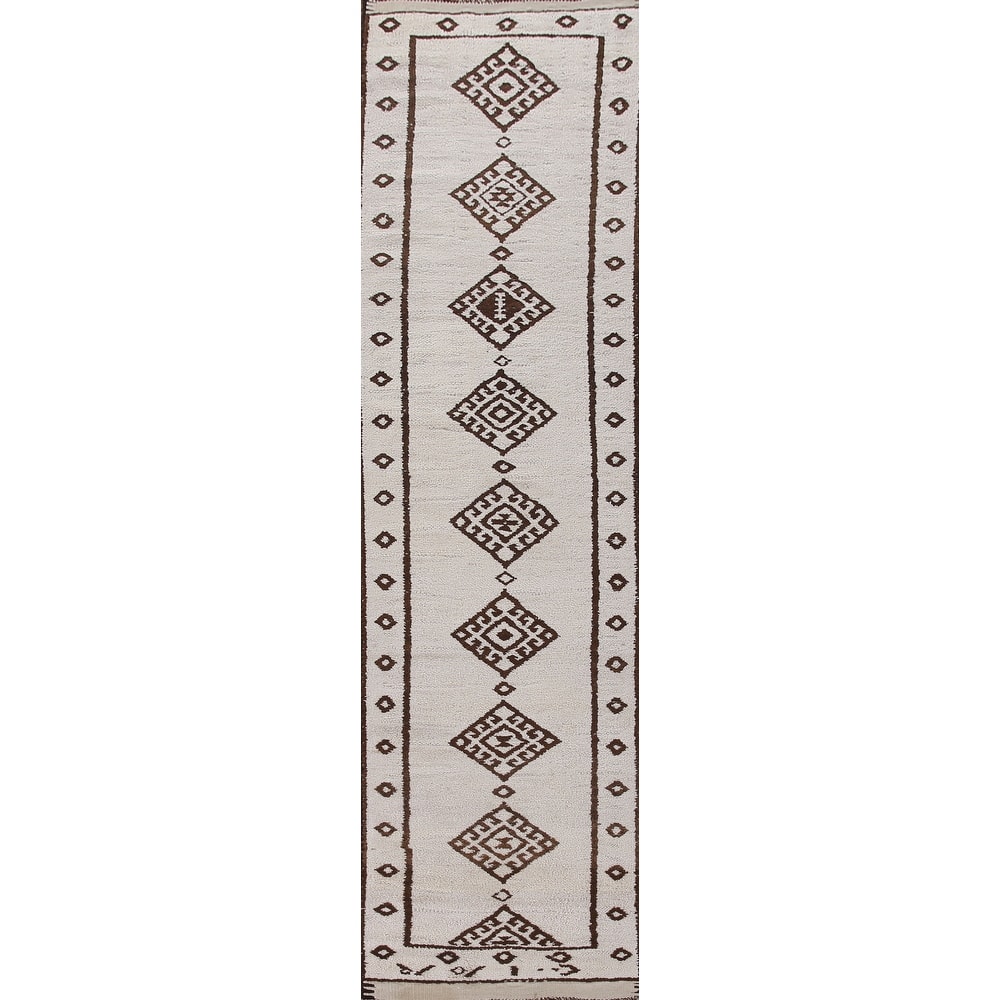 Geometric Beige Anatolian Turkish Runner Rug Handmade Wool Carpet - 2'8"x 12'11"