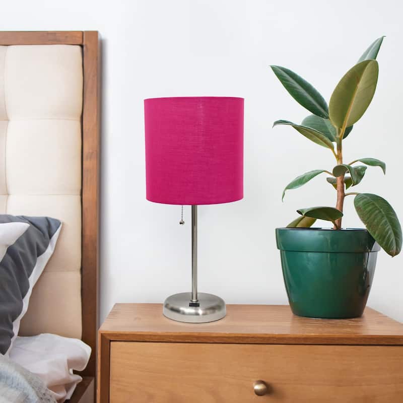Contemporary Brushed Steel Bedside Table Desk Lamp with Drum Shade - 19.5" - Silver and Hot Pink
