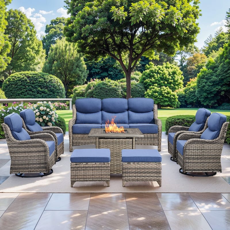 Pocassy 8 Pieces Outdoor 6" Sofa Swivel Chair Ottoman with Fire Pit Table - Gray Wicker - Blue cushion