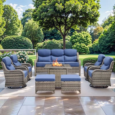 Pocassy 8 Pieces Outdoor 6" Sofa Swivel Chair Ottoman with Fire Pit Table