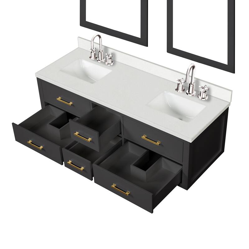 Castor 60 in W x 22 in D Black Double Bath Vanity, White Quartz Top, Faucet Set, and 28 in Mirrors