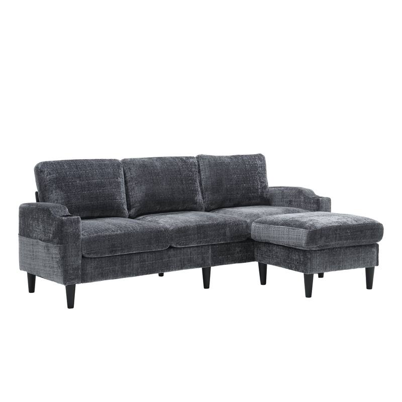 Modular Sectional Sofa with Storage Ottoman, Comfy Chenille Fabric Sofa, 3-Seater Sofa with Side Pockets & 2 Cup Holders