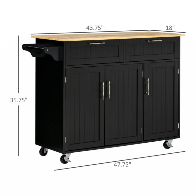 Kitchen Cart with Wood Top, Storage Drawers, 3-door Cabinets, Adjustable Shelves and Towel Rack, Black