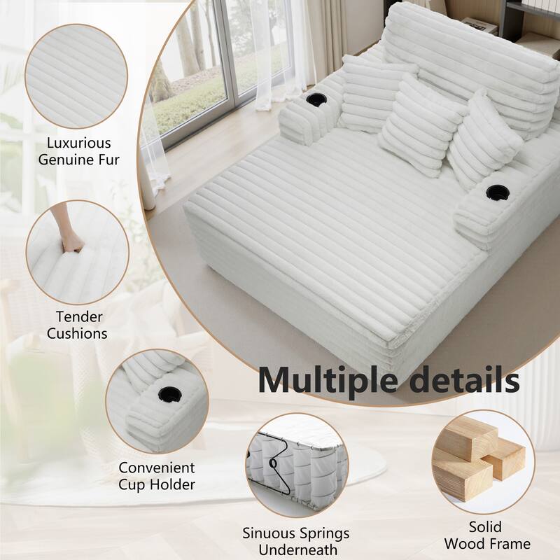 53"W Oversized Plush Fur-Like Chaise Lounge Sofa with Cup Holder