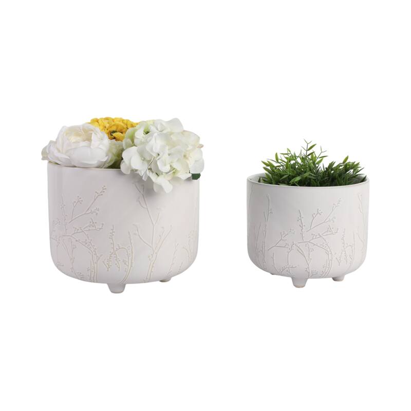 Stoneware Ceramic Planter Raised Botanical Relief Design Tripod Base - 11" x 11" x 9"
