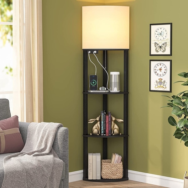 Corner Shelf Floor Lamp with 3 Way Dimmable LED Bulb and USB Ports
