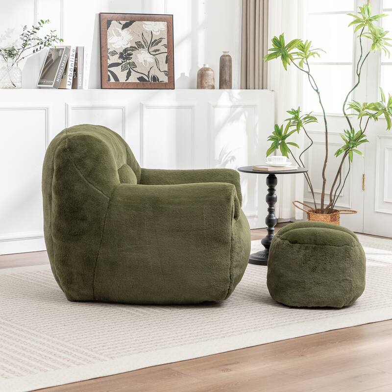 Faux Fur Bean Bag Chair with Back Support & Footstool - Comfy Floor Sofa for Adults & Kids, Living Room, Bedroom (2 Options)