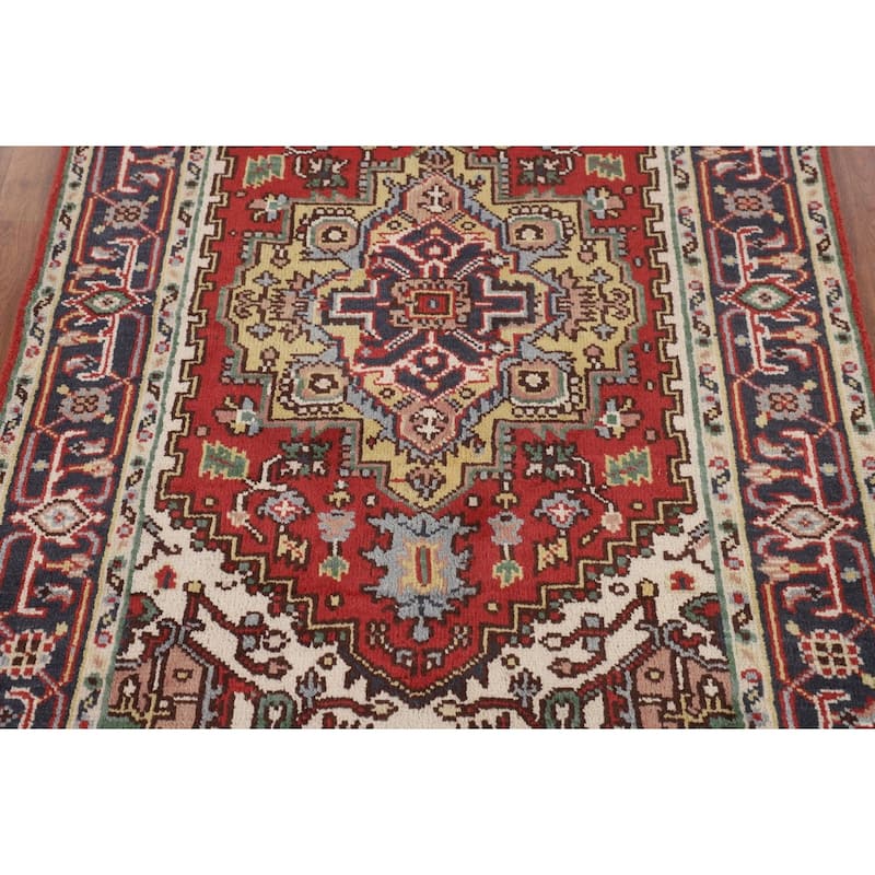 Geometric Heriz Serapi Indian Accent Rug Hand-Knotted Wool Carpet - 4'0" X 6'0"