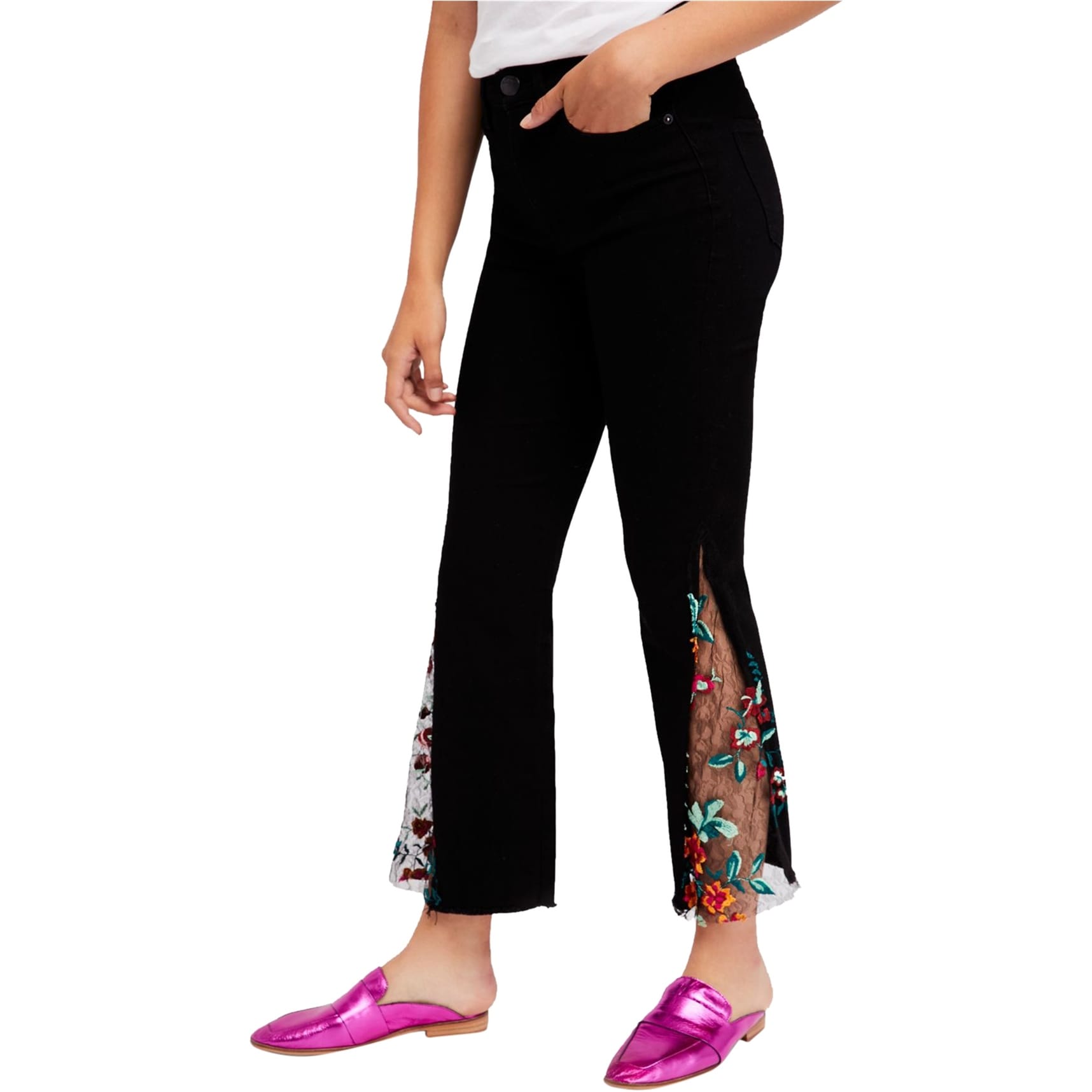 Free People Womens High Rise Embroidered Lace Flare Jeans