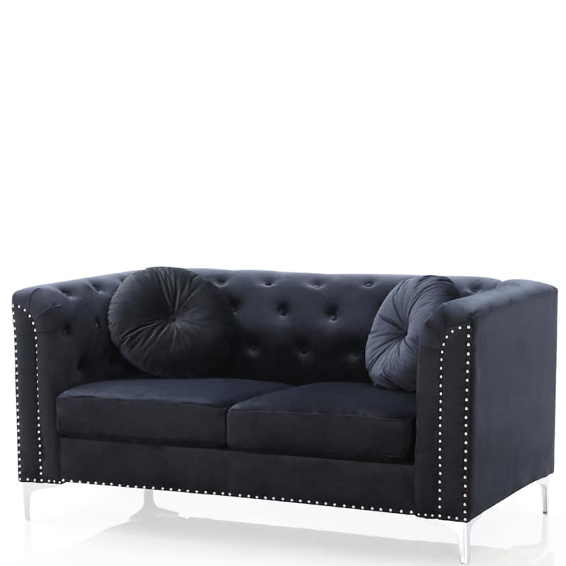 Tufted Velvet 2-Seater Sofa with Throw Pillows - 62" - Black