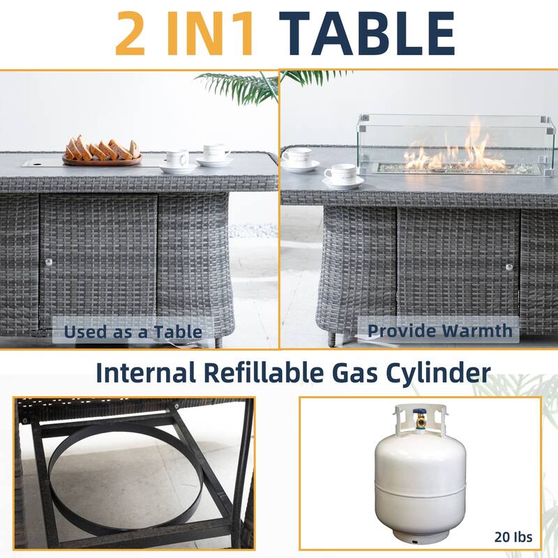 5-Piece Outdoor PE Wicker Aluminum Dining Set with 4 Armchairs and Adjustable Propane Fire Table