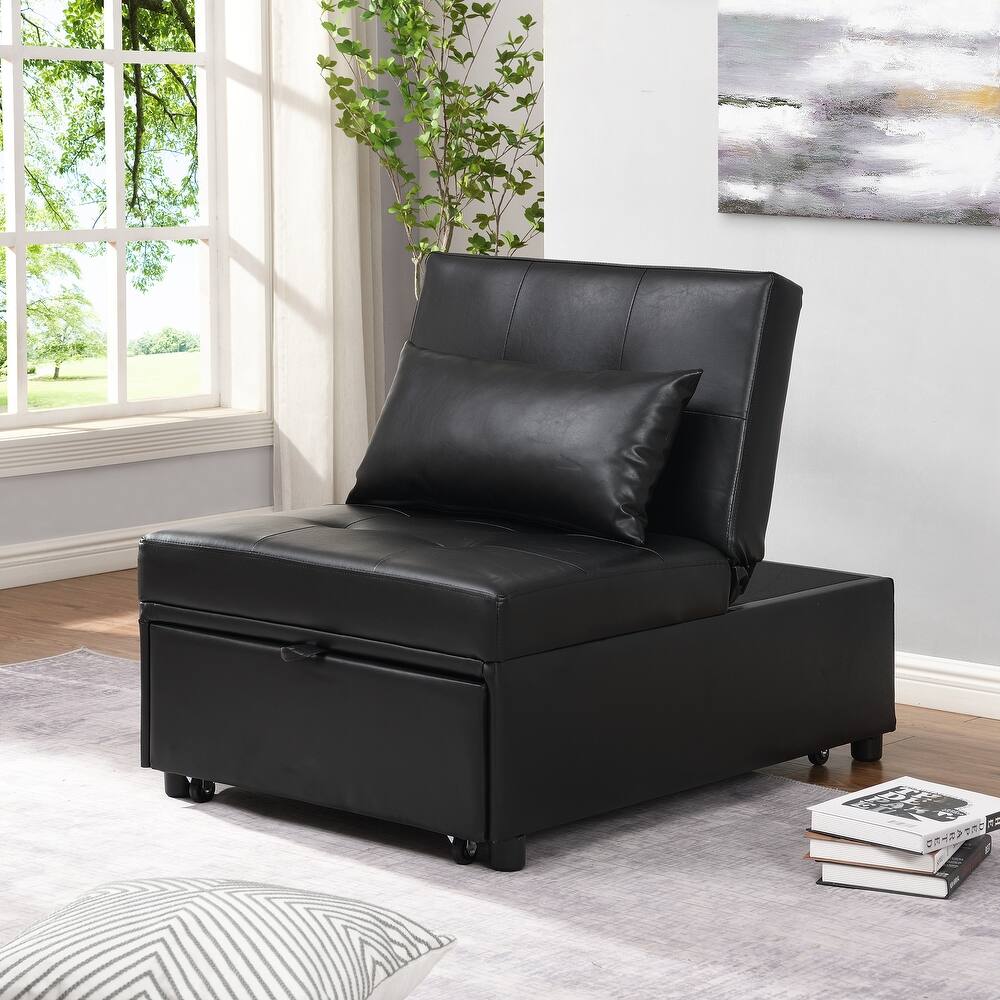 Black 39.8" Single Folding Ottoman Sofa Bed with Adjustable Back and Pillows for Living Room