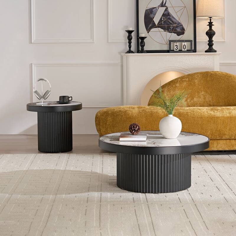 Nesting Round Coffee Table Set with Sintered Stone Tabletop, Modern Living Room Center Table