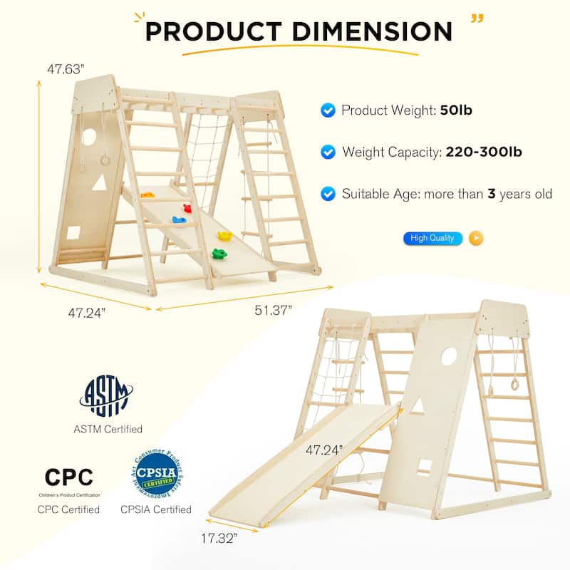 EROMMY 8-in-1 Wooden Climbing Gym for Kids - Indoor Playground Set with Slide, Monkey Bars, Climbing Wall, Wood & Rope Ladder