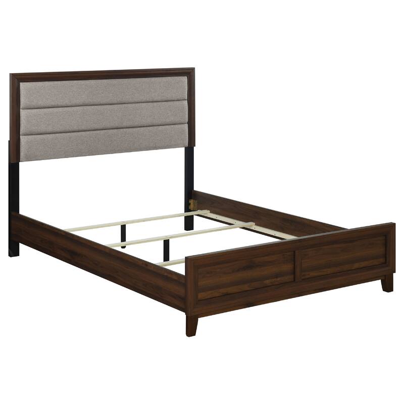 Yels 4 Piece Queen Bedroom Set, Gray Upholstery, Walnut Brown Wood