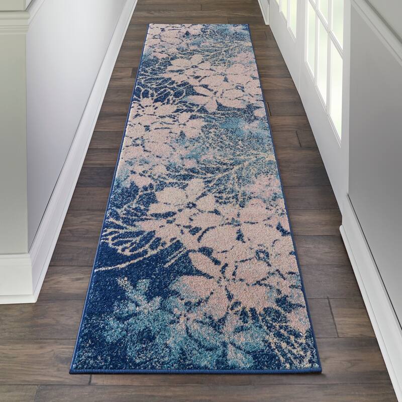 Nourison Tranquil Contemporary Abstract Floral Area Rug - 2'3" x 7'3" Runner - Teal/Blue - Runner/Rectangle