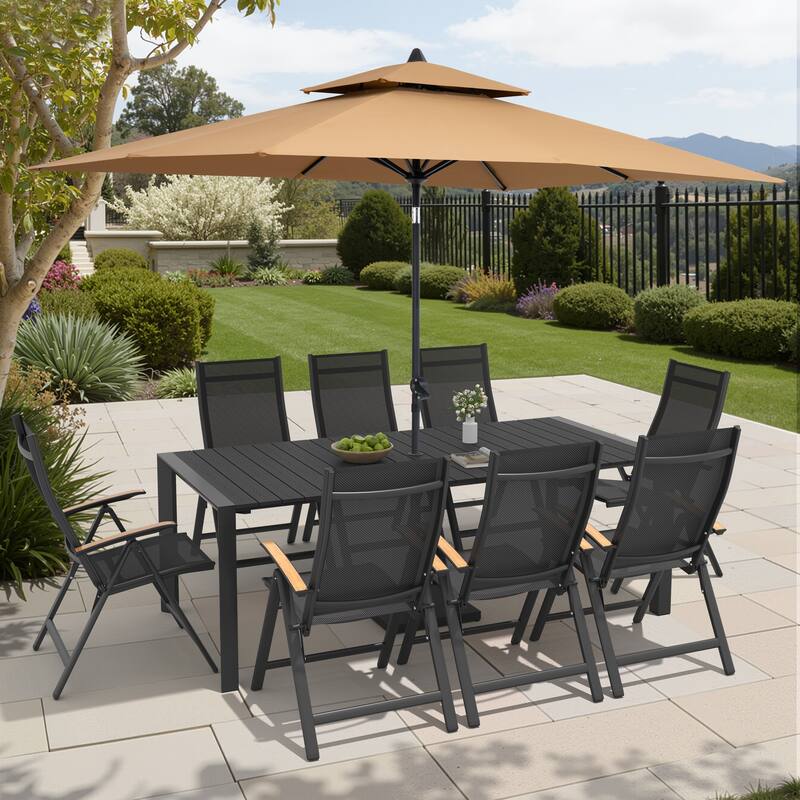9/11-Piece Outdoor Patio Dining Set Aluminum Dining Table and Chairs w/10 ft Market Umbrella and Base - Set of 11 - Black Table with Tan Umbrella