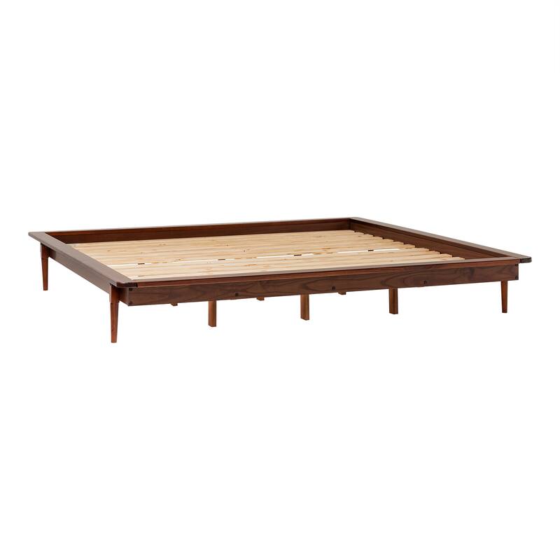 King Size Solid Pine Platform Bed with Tapered Legs and No Box Spring Needed - Walnut