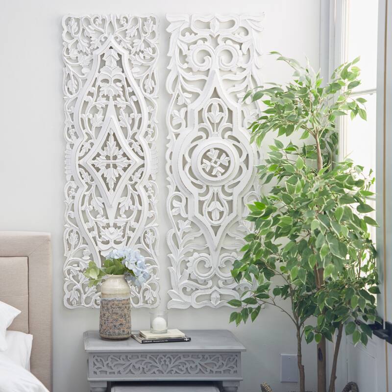 White Wood Handmade Intricately Carved Arabesque Floral Home Wall Decor (Set of 2)