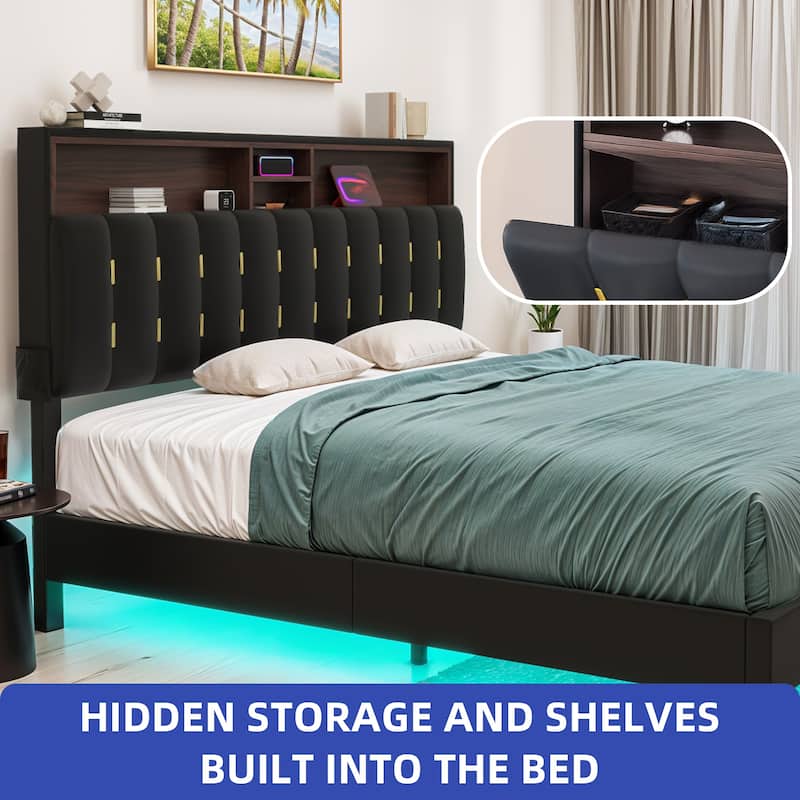Moasis King Black Floating Bed Frame Upholstered Platform Bed with RGB LED Lighting