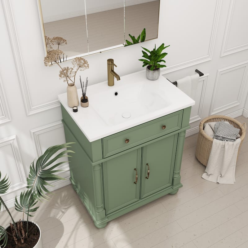 28"/36" Bathroom Vanity with Sink, Integrated Ceramic Basin Vanity Cabinet with Roman Column Base, Solid Wood Frame