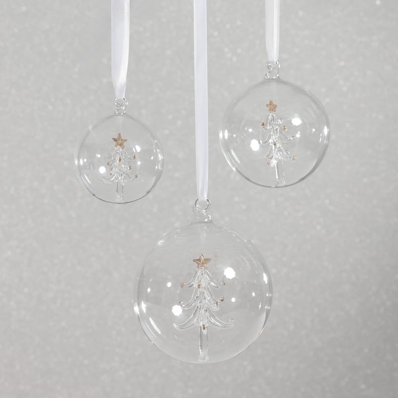 Clear Glass Ball Ornaments with Holiday Tree Motif, Set of 6, 3.25"