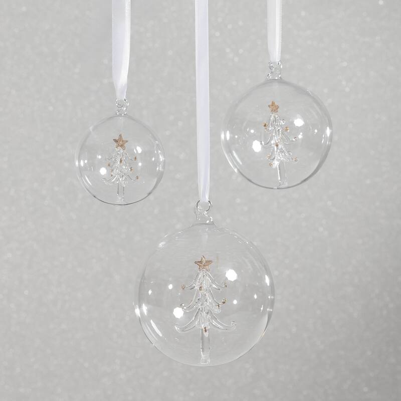 Clear Glass Ball Ornaments with Holiday Tree Motif, Set of 6, 4"