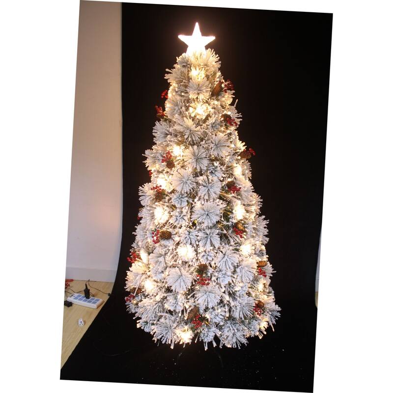 72" White Red Fiber Optic Snow Artificial Christmas Tree Cones Berries - 6 Foot