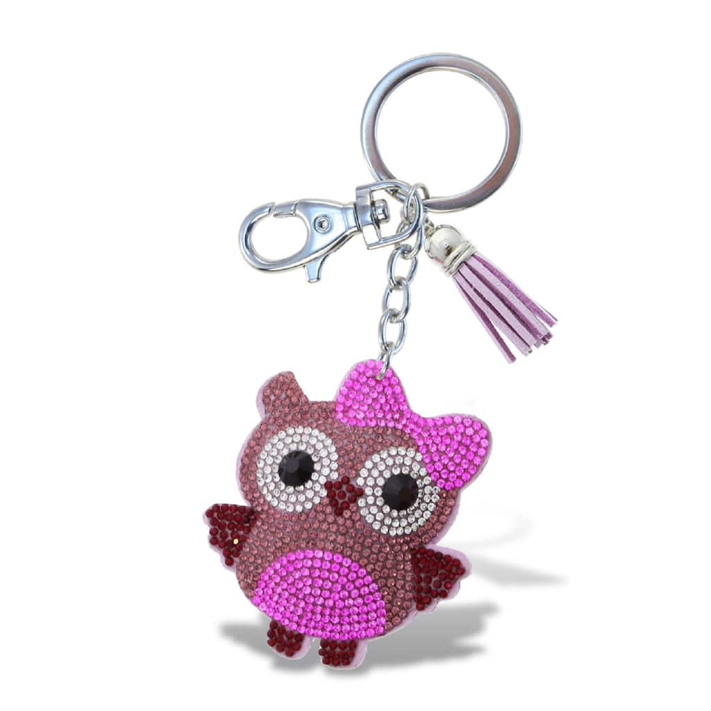 Aqua79 Owl Keychain - Pink Sparkling Rhinestones Charm with Tassel - 2.75 x 2.5 x 0.25 inches